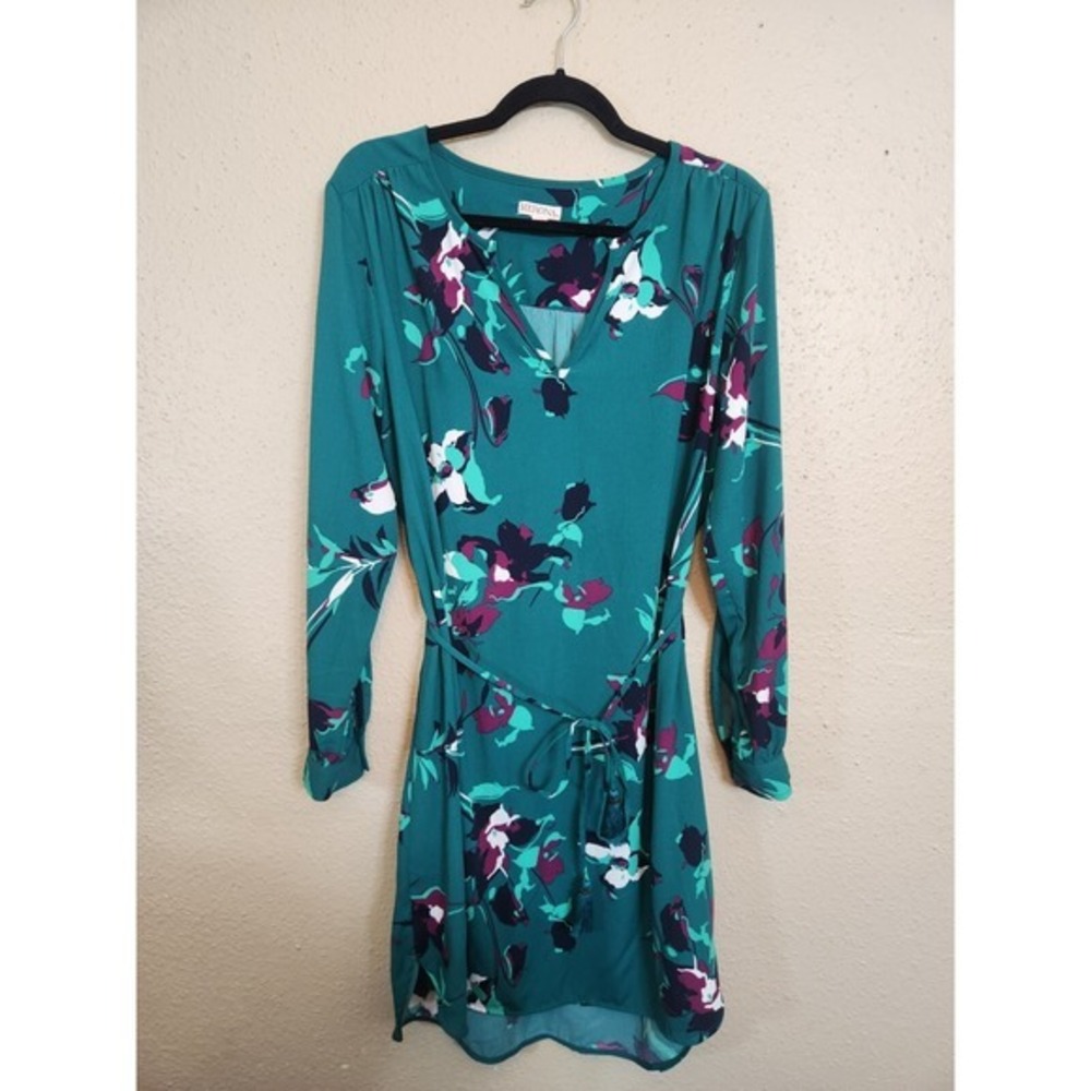 Merona Women's Green Floral Long Sleeve Tassel Belt Midi Dress Size Large